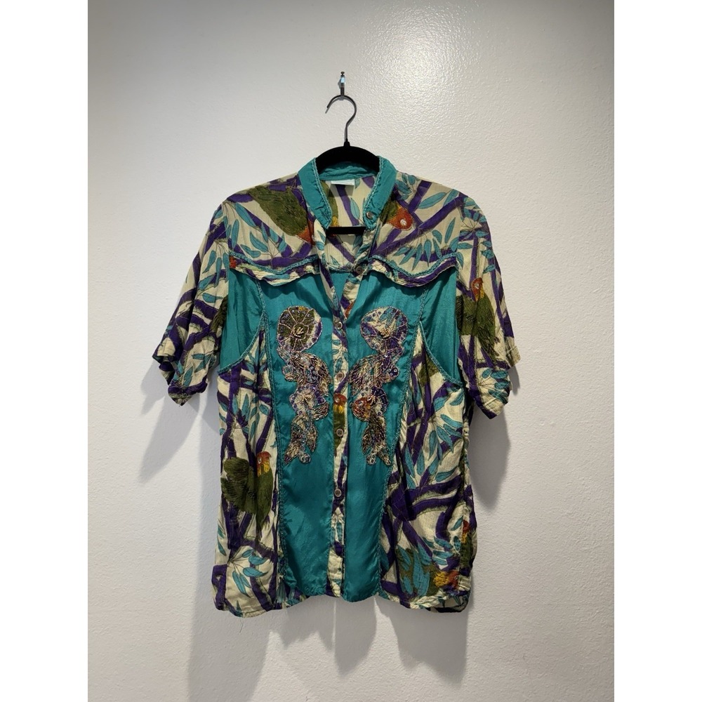 Vintage Nancy K Short Sleeve Embellished Top Parrot Colorful Beaded Tropical